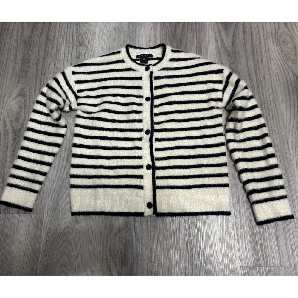 Tahari Striped Eyelash Knit Cardigan Sweater Polyester Blend S White Black